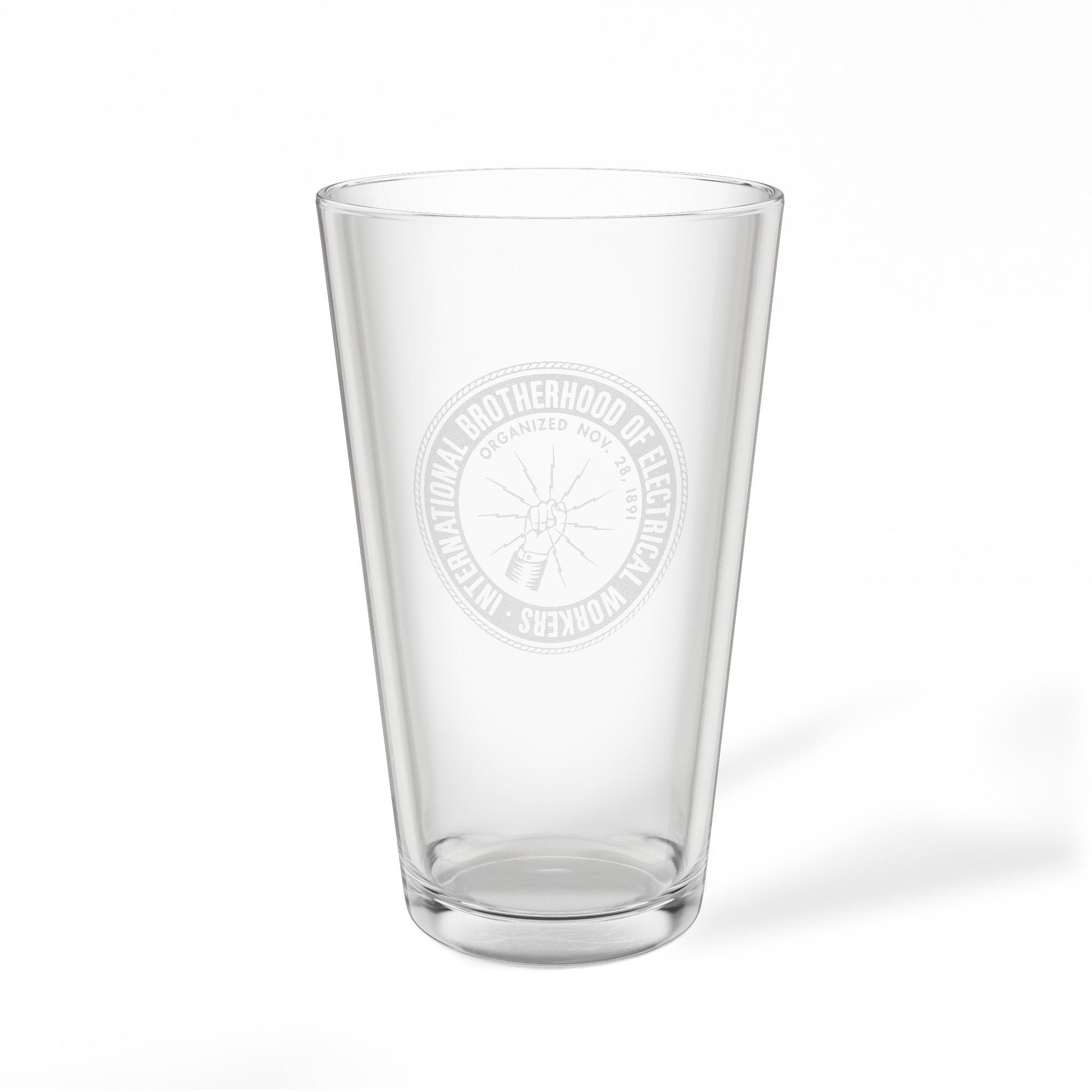 Engraved 16oz Pint Mixing Glass – Custom Brotherhood Logo Beer Glass